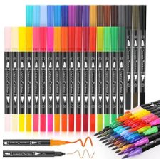 Fine Point Art Marker & Brush Highlighter Pen for Adult Coloring Hand Lettering Writing Planner Art Supplier(12 Colors Pen black bodySet) (P-3509)